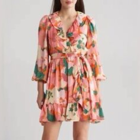 TAYLOR‎ Floral Pink Orange Mini Dress Ruffle Long Sleeve Sundress Sun Size XL 1X - Picture 9 of 9